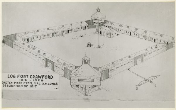 Elevated view of Old Fort Crawford. Caption reads: "Log Fort Crawford 1816-1829 Sketch Made From, Maj. S.H. Long's Description of 1817."