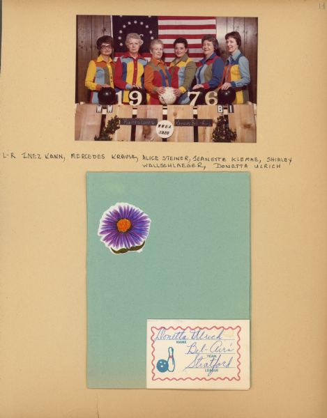 At the top of the page is a group portrait of six women wearing uniforms. They are posing in front of a sign that reads: "1976, Green Bay, Wis. WWBI. 'Riviera'-Lanes, Klemmes Bel-Airs. WWBA 1920." Handwritten caption reads: "L-R Inez Kann, Mercedes Krause, Alice Steiner, Jeanette Klemme, Shirley Wallschlaeger, Donetta Ulrich." At the center bottom is a card with a flower sticker, and a label that reads: "Donetta Ulrich, Team Bel-Air, League Stratford." Inside the card is an announcement for the Stratford Ladies League Bowling Banquet, April 21, 1977, VFW Hall.
