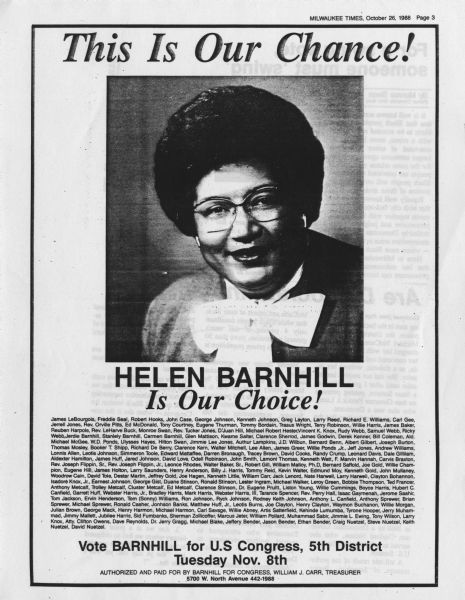 Advertisement for Helen Barnhill, Republican candidate for Wisconsin's 5th Congressional District seat in 1988 that ran in <i>Milwaukee Times</i> on October 26, 1988. The slogan reads: "This is our chance! Helen Barnhill is our choice!" along with a lengthy list of supporter names and an appeal to vote.