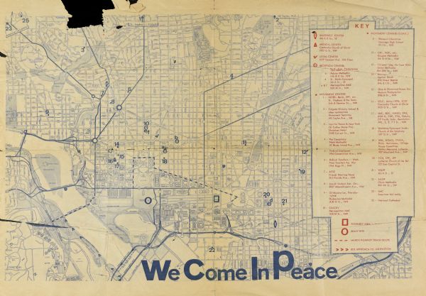 Inside spread of brochure for "Washington Nov Days" featuring a map of Washington, D.C. Text at the bottom reads: "We Come In Peace." A key on the right lists the locations of reception and movement centers, assembly areas, bus routes, and rally sites.