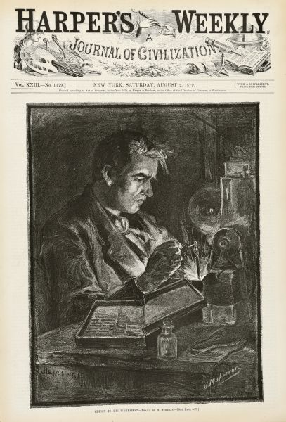 A drawing of Thomas Edison seated at a desk working on an experiment. Caption at bottom reads: "Edison In His Workshop."