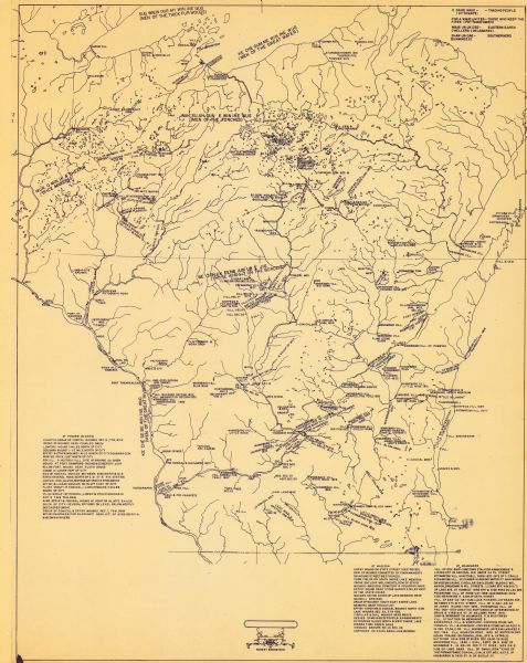 A map of Wisconsin from The Atlas of the Eight Counties of Forest, Florence, Iron, Langlade, Lincoln, Oneida, Price, Vilas. The map shows rivers and a variety of indigenous sites throughout the state including settlements and burial mounds. 