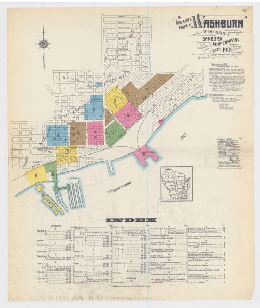 An insurance map of Washburn, with an index and a key. Includes a small inset map of the State of Wisconsin that shows "Location of this town as above underlined."