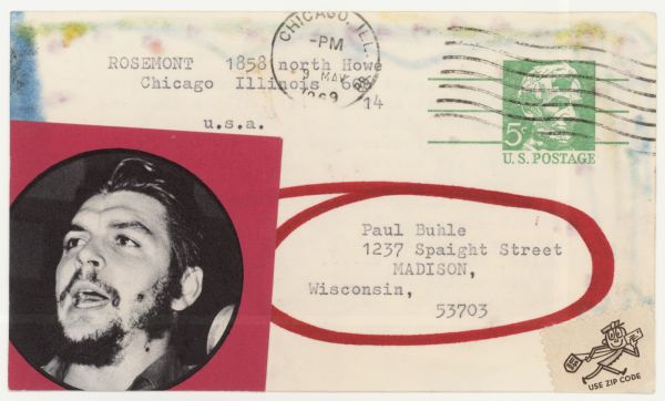 A postcard sent to Paul Buhle at 1237 Spaight Street, Madison, WI 53703 with a typed message on the back, and signed "Franklin." . There is an image of Che Guevara on the front of the card. 