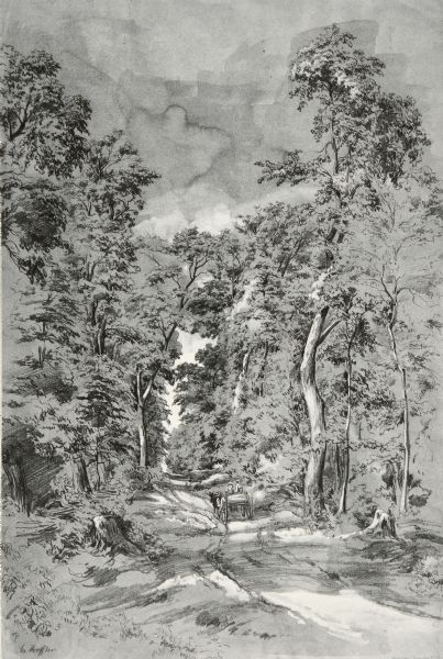 View down a road lined with trees. Two people in a horse-drawn vehicle are moving down the road. Caption reads: "Unidientified road in the vicinity of Madison, after a pencil and wash drawing by Adolph Hoeffler."
