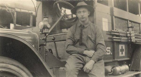 Alvin J. Steinkopf, a member of Ambulance Company No. 125. A reporter for the "Evening Wisconsin," Steinkopf wrote stories about his experiences for that newspaper. Written on back of photograph: "Alvin Steinkopf in World War I France."