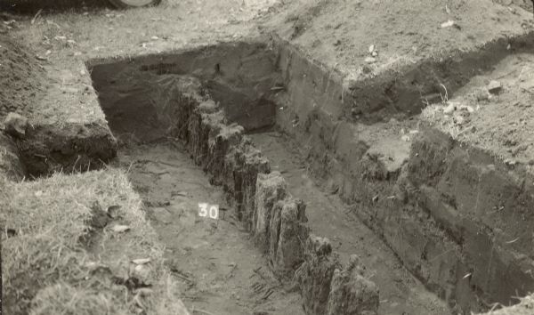 A horizontal view of the palisade between old Fort Crawford and the military hospital. The number "30" has been placed in the trench on the left.
