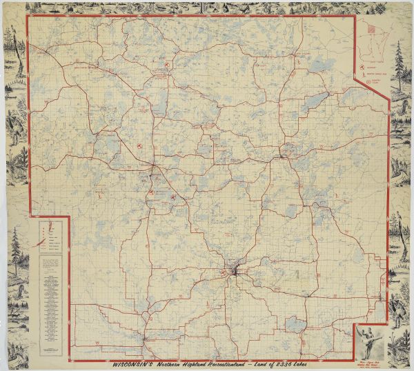 This map shows ski areas, resorts, camps, special areas, airports, and roads. The map covers Vilas and Oneida counties and parts of Iron, Price, Lincoln, Langlade, and Forest counties. The bottom left corner includes a key, and illustrations are in the margins.