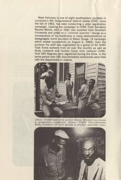 Two photographs featured in a "Louisiana Story" brochure. In the top image, CORE worker Daniel Mitchell interviews a potential voter on a porch with three children looking on. The second image shows CORE vice chairman Rudy Lombard talking with a potential voter.