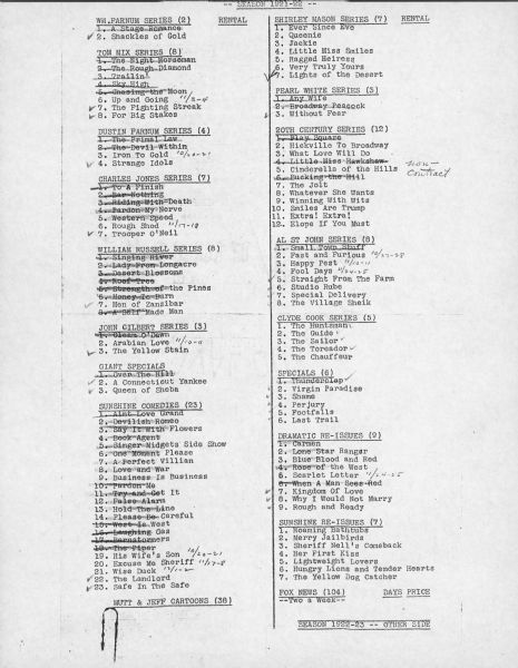 A list of film rental requests from Fox Film Corporation for Season 1921-22. The William (Wm.) Farnum series is listed on the top left.