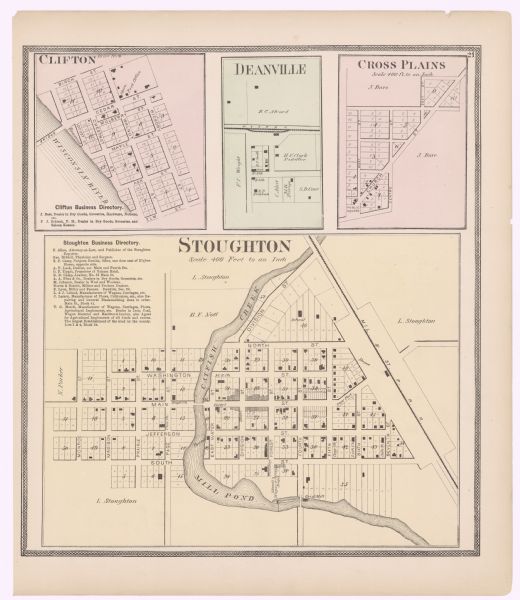 A page showing four plat maps: Stoughton, Clifton, Deanville, and Cross Plains.  