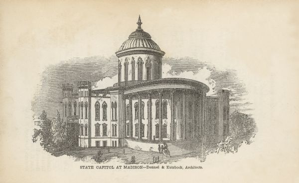 Illustration of an early design for the 3rd Wisconsin State Capitol, the second in Madison. Caption reads: "State Capitol at Madison — Donnel & Kutzbock, Architects."