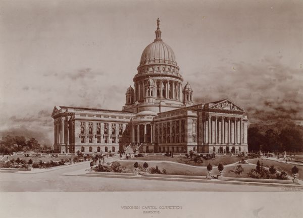 Architect's design of the 4th Wisconsin State Capitol (the third built in Madison). "Perspective" by George B. Post and Sons.