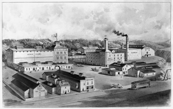 An engraving of an elevated view of the Leinenkugel Brewery complex with the buildings identified. A streetcar is passing by and two horses pulling wagons are in the yard.