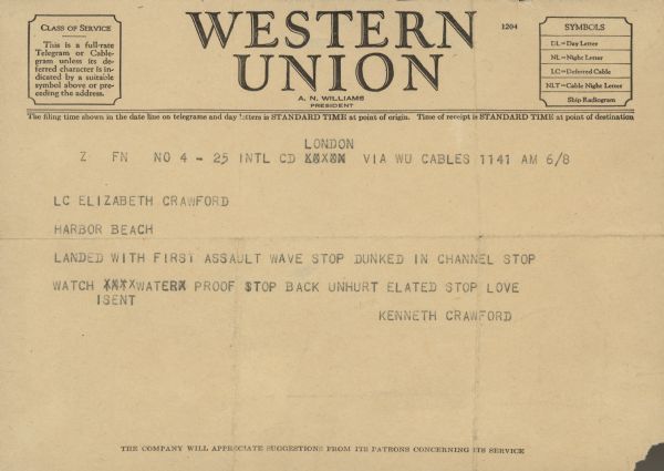 A Western Union telegram sent from London from Kenneth Crawford, a World War II correspondent, to Elizabeth Crawford.