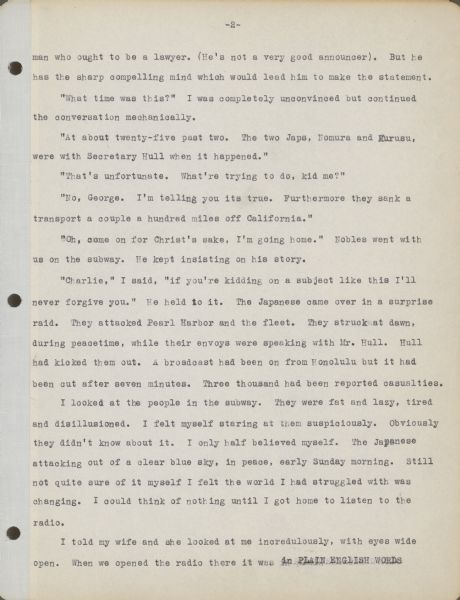 Page 2 of notes regarding the Japanese attack on Pearl Harbor written by George F. Hicks. 