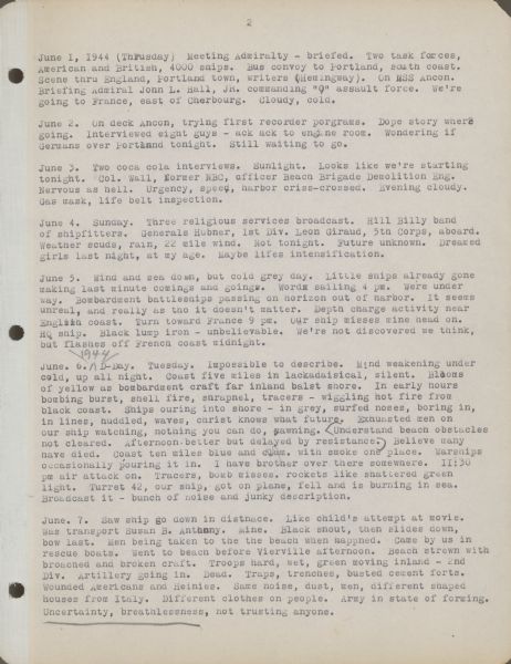 Notes taken by George F. Hicks from June 1 through June 7, 1944, including an account of the D-Day attack. 