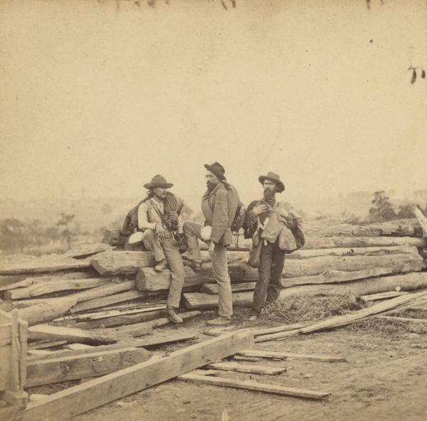 Stereograph of three Confederate soldiers captured during the Battle of Gettysburg. This photograph was taken by Mathew Brady a few days after the battle. Today it is one of the most iconic images of the Civil War. The card from the Historical Society's collection is a rare early imprint of Brady's Gettysburg work. (Note that Brady was using up some outdated 1862 stereographs.) The card was purchased at Brady's studio by Lucius Fairchild when he had his picture taken there in the fall of 1863.