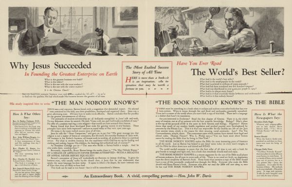 A publicity article about the book "The Man Nobody Knows," written by Bruce Barton. In the article, it's called "The Most Exalted Success Story of All Time."