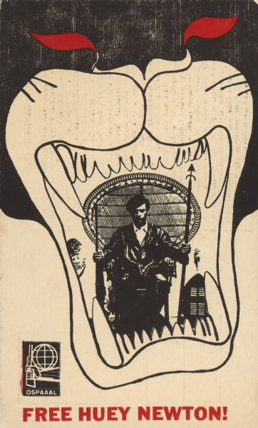 The front design of a postcard with the caption "Free Huey Newton!" showing an iconic image of Newton positioned in a drawing that depicts him inside the mouth of a black panther.