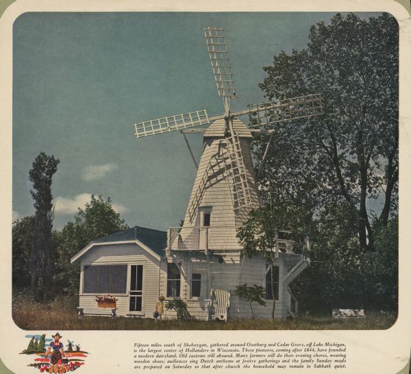 Exterior view of windmill (modern) attached to house located along the shore of Lake Michigan in the Town of Holland, Sheboygan County, near Oostburg.