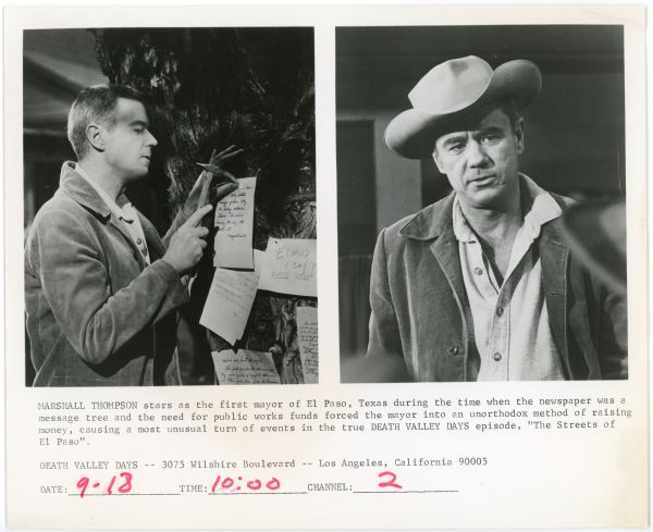Two still photographs of actor Marshall Thompson from an episode of the TV show <i>Death Valley Days</i>.  The photograph on the left shows Thompson nailing a letter to a tree.  The photograph on the right shows Thompson facing the camera.