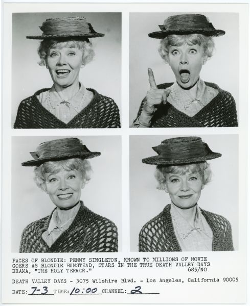 Four head shots of actress Penny Singleton as her character Maggie Franklin in the episode "The Holy Terror" of the TV show <i>Death Valley Days</i>.  Singleton has a different expression in each photograph but wears the same costume - a dress, straw hat, and shawl - in all of them.